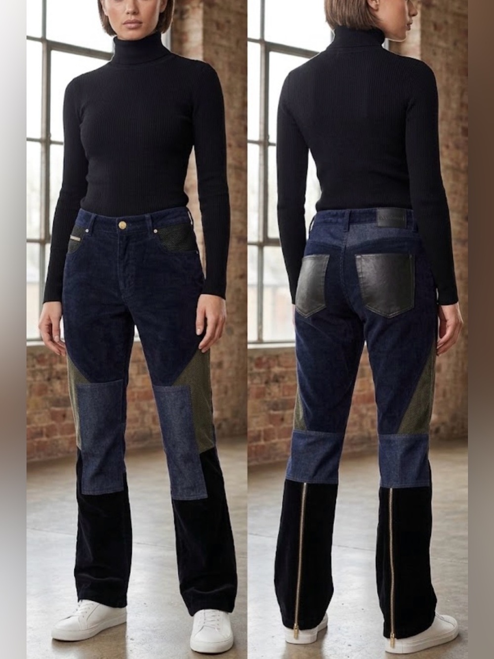 Women's Colorblock High-Waist Patchwork velvet Jeans - Navy/Black